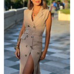 robe mi-longue beige femme ceinture