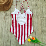 Maillot de bain 1 pièce rayure rouge blanc dos nu femme croisé cache coeur 3