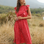 Robe imprimée volants rouge mi-longue 1
