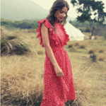 Robe imprimée volants rouge mi-longue 3