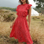 Robe imprimée volants rouge mi-longue 2