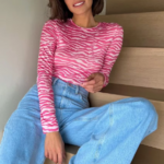 t-shirt manches longues imprimé rose moulant