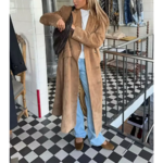 Manteau long en daim femme camel