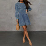 robe en jean bleu courte à manches longues