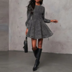 Robe en jean plissée à manches longues et col rond pour femme