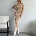 robe longue manches longues cintrée beige