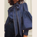 Chemisier en denim à manches bouffantes et à lacets pour femme chic