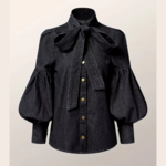 Chemisier en denim à manches bouffantes et à lacets pour femme