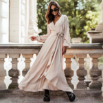 robe longue portefeuille élégante beige