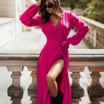 robe longue portefeuille élégante fushia