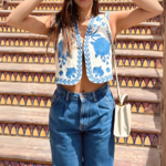 gilet sans manches tendance femme bleu brodé