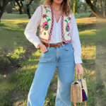 gilet sans manches tendance femme rose brodé