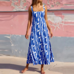 robe longue à bretelles été femme imprimé bleu