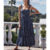 robe longue bleu marine à pois à bretelles volants femme
