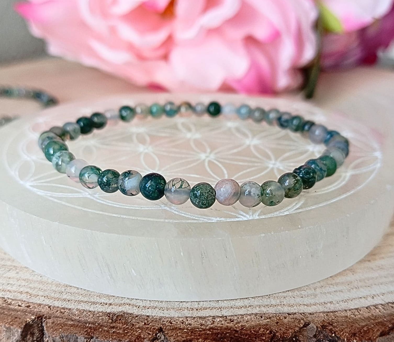 bracelet agate mousse 4mm sur plaque de rechargemen fleur de vie