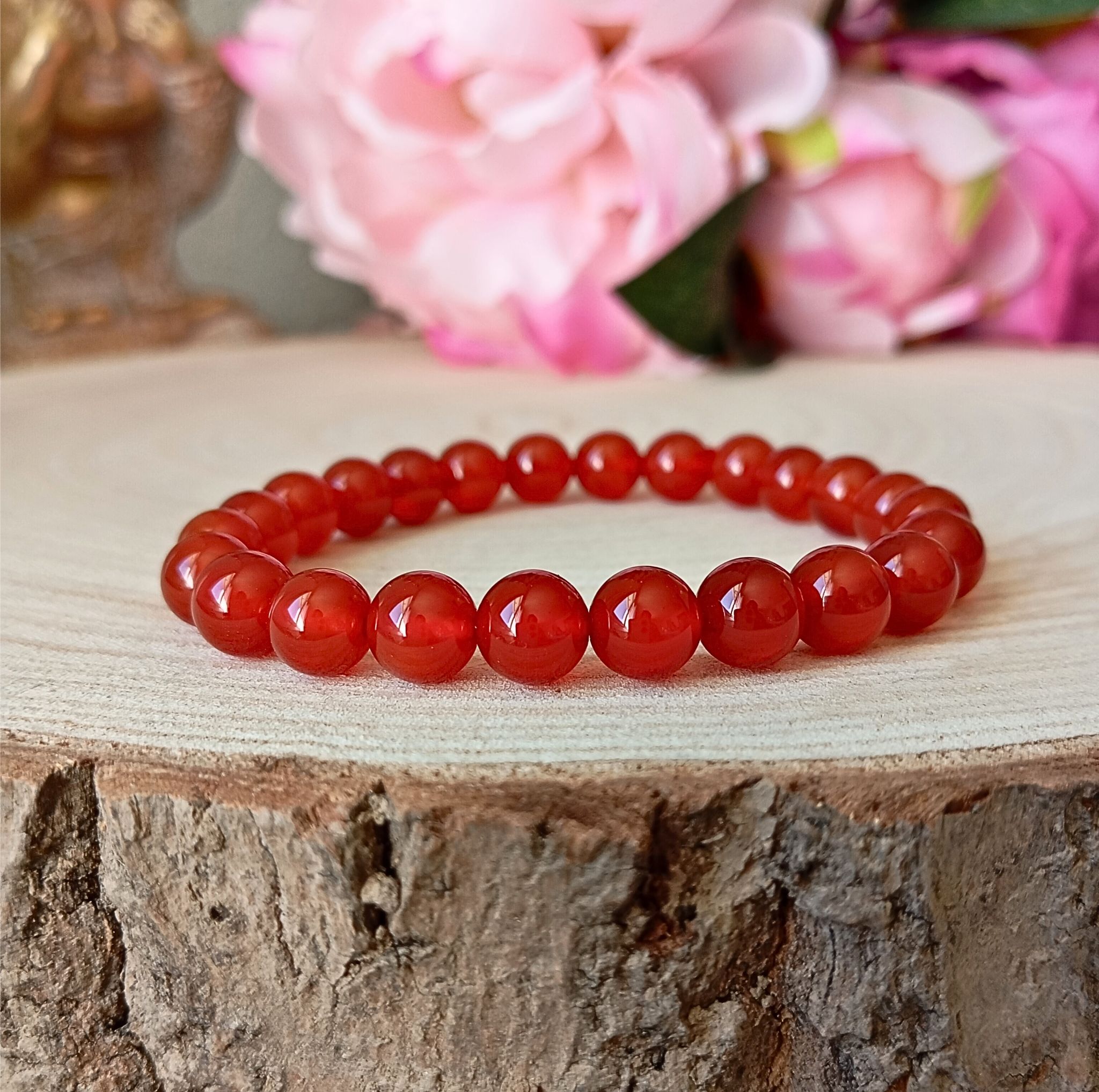 bracelet cornaline sur tranche de bois