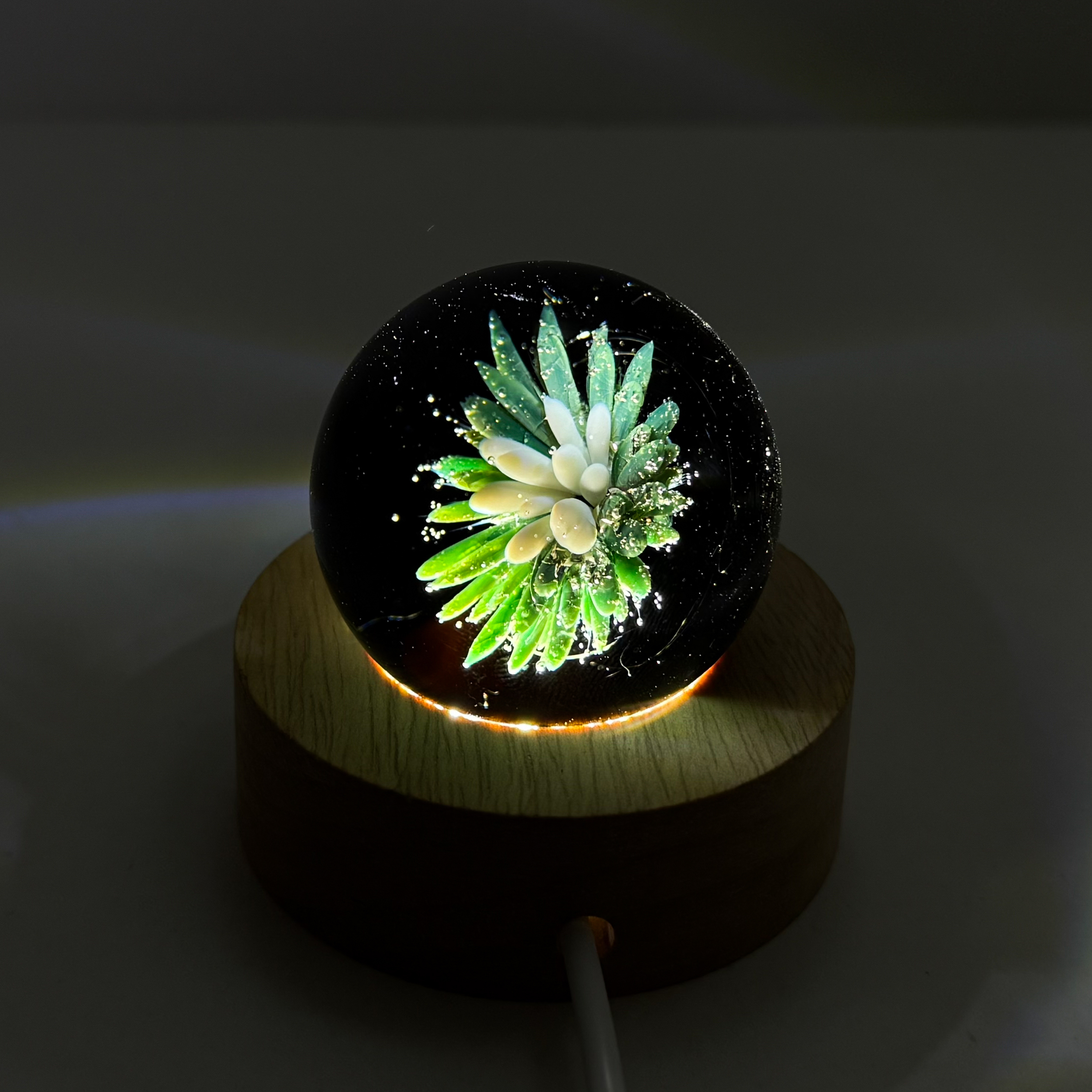 Sphère de verre fleur sur support lumineux