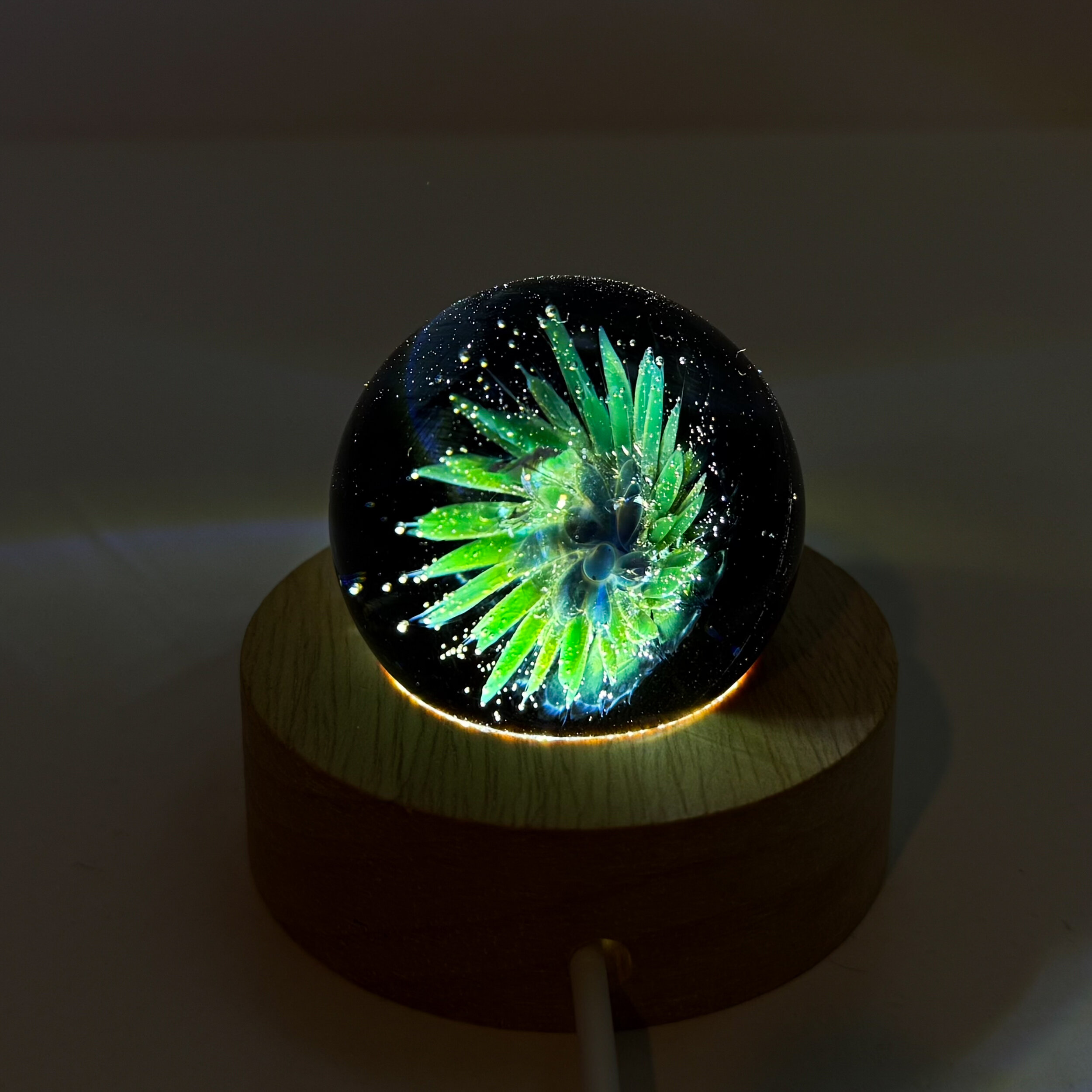 Sphère de verre fleur sur support lumineux