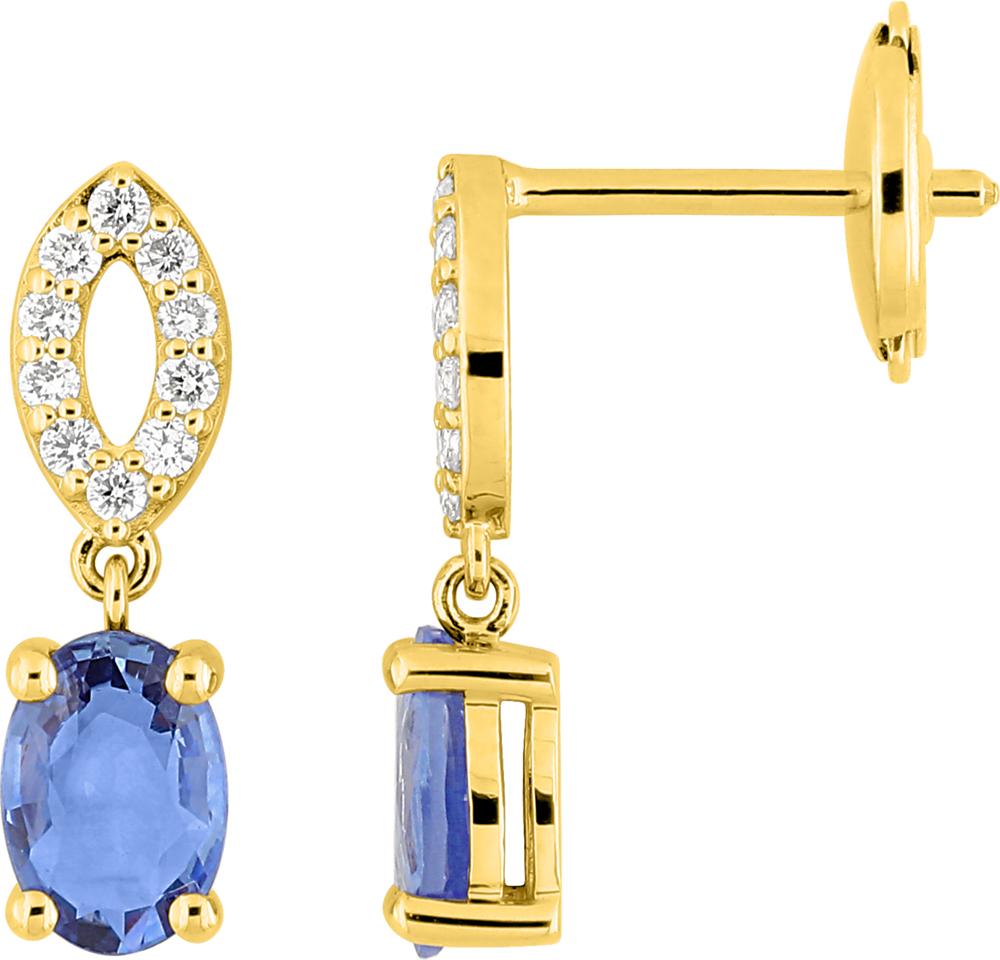 Boucles d\'oreilles pendantes saphir de Ceylan et diamants 0,12 ct GH-SI · Or jaune 18 carats
