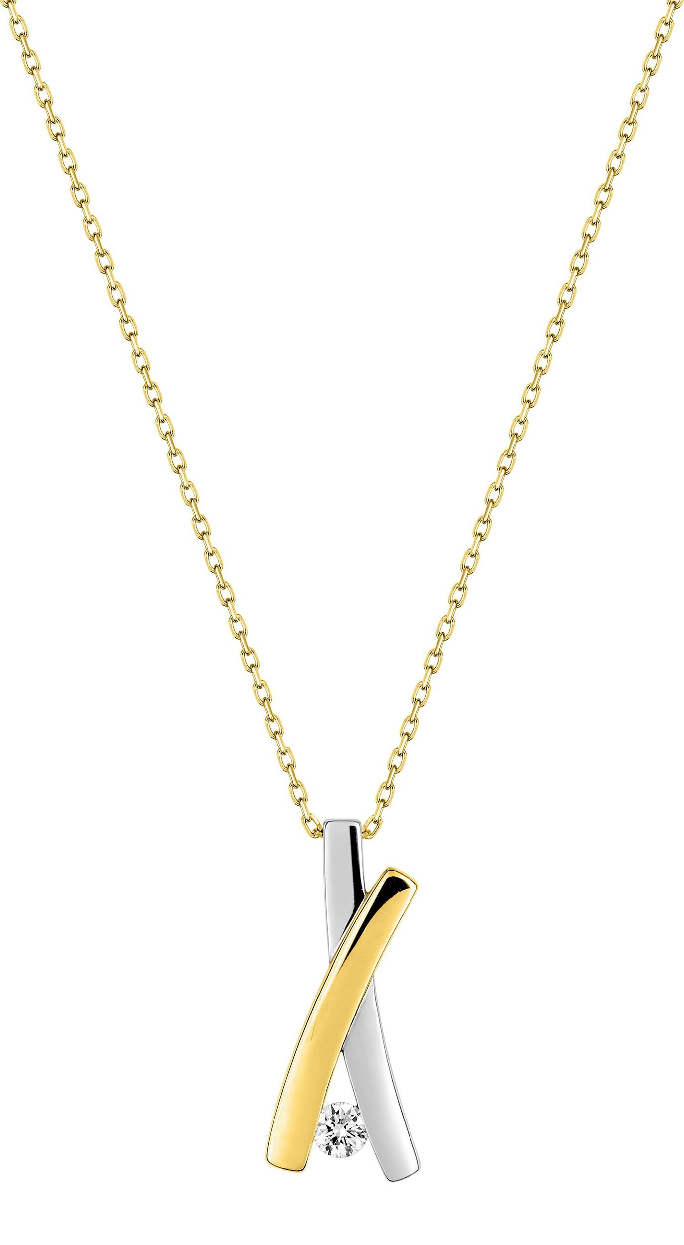 Collier pendentif croisé oxydes de zirconium · Or jaune rhodié 18 carats