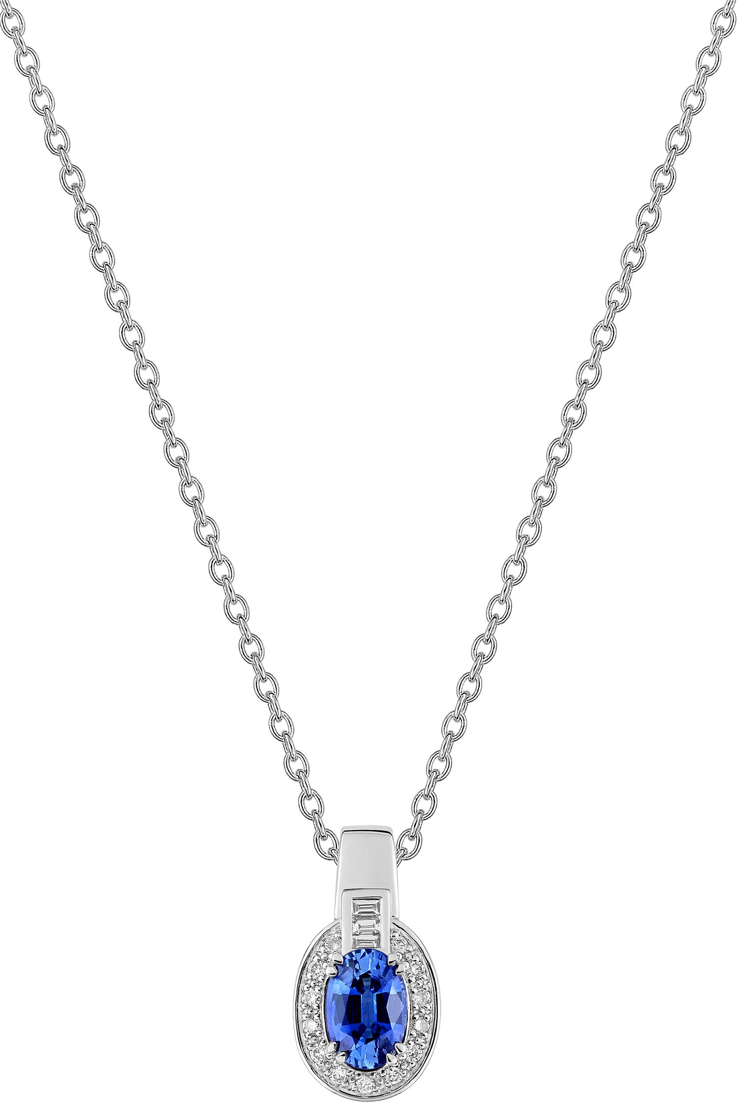 Collier ovale saphir Kanchanaburi et diamant 0,10 ct GH-SI · Or gris 18 carats