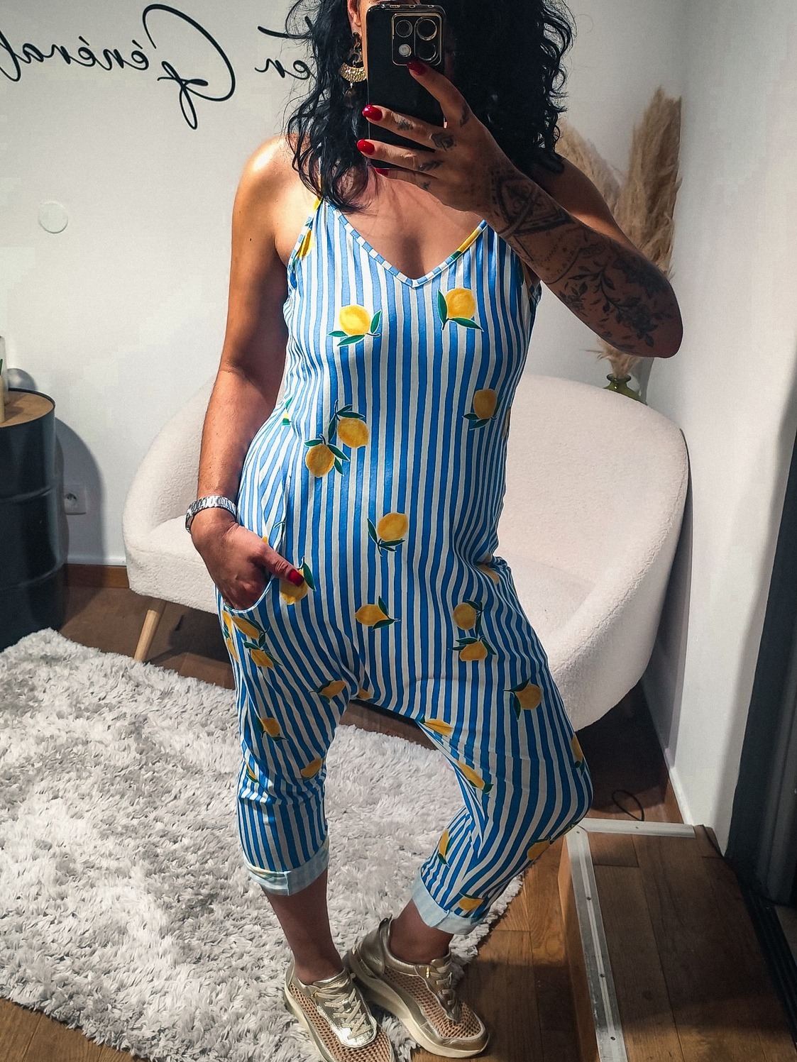 Combinaison Estivale Rayée Citrons – Bleu &amp; Blanc