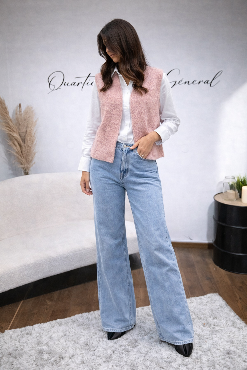 Gilet sans manches Rose Poudré Italien effet bouclette tendance (1)