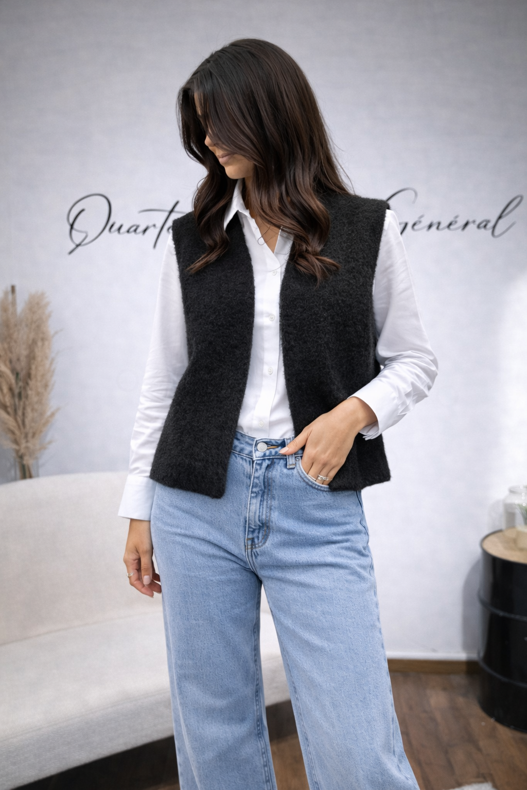 Gilet sans manches Noir Italien effet bouclette tendance