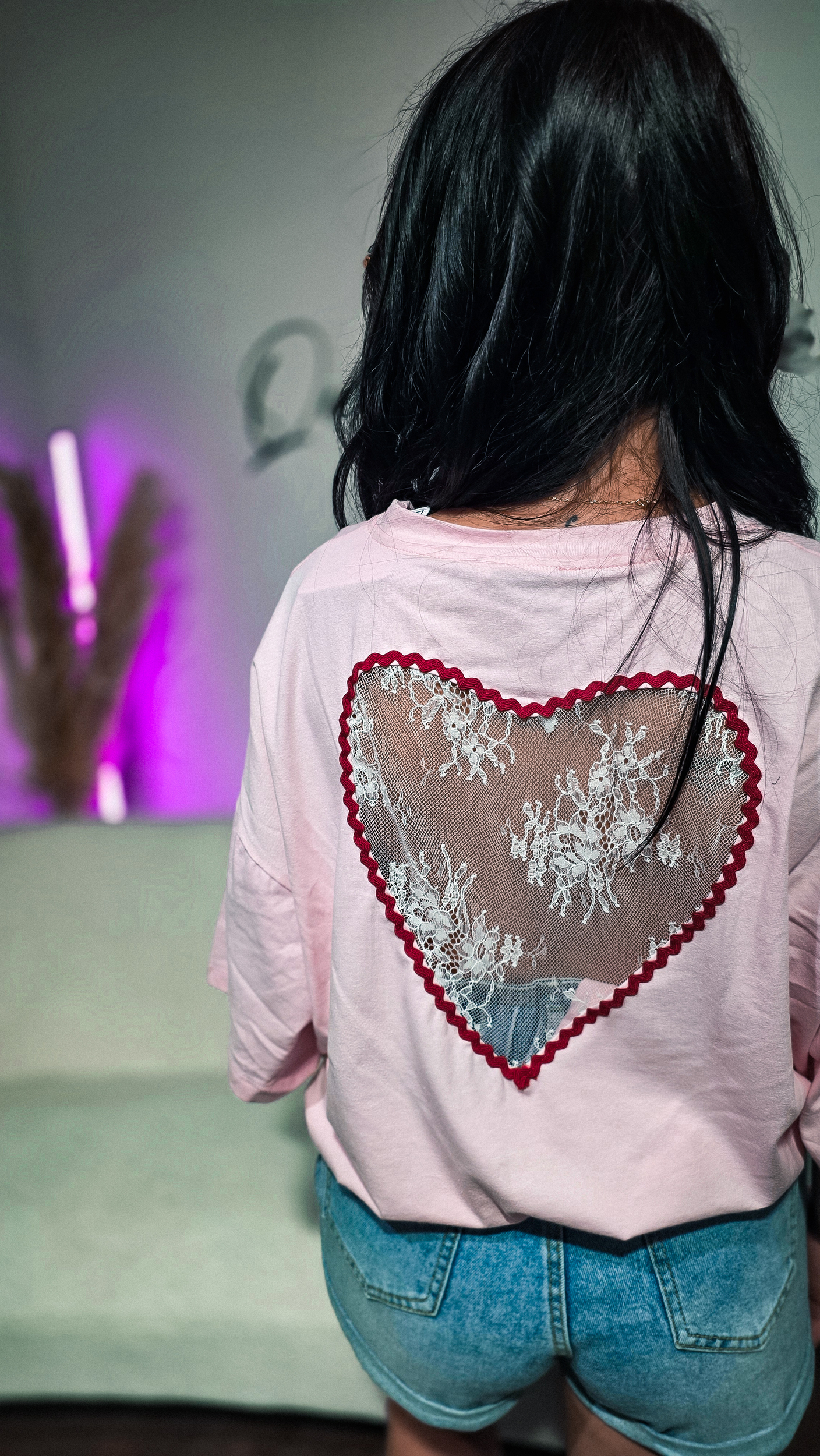 T-shirt Oversize Rose Cœur Dentelle Dos Transparent Femme (2)