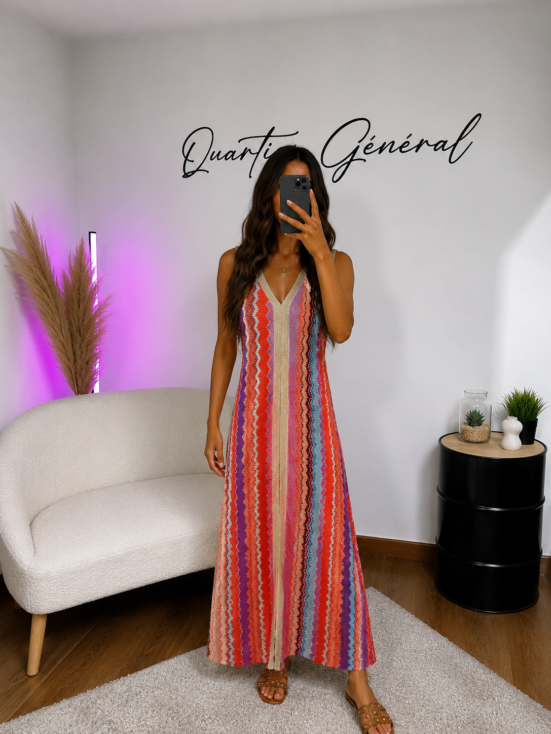 Robe Rose Longue Maille Zigzag