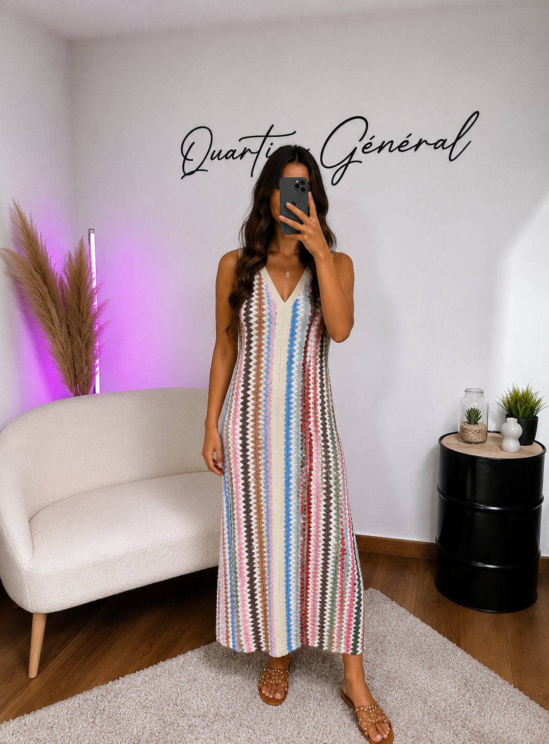 Robe Rose Longue Maille Zigzag