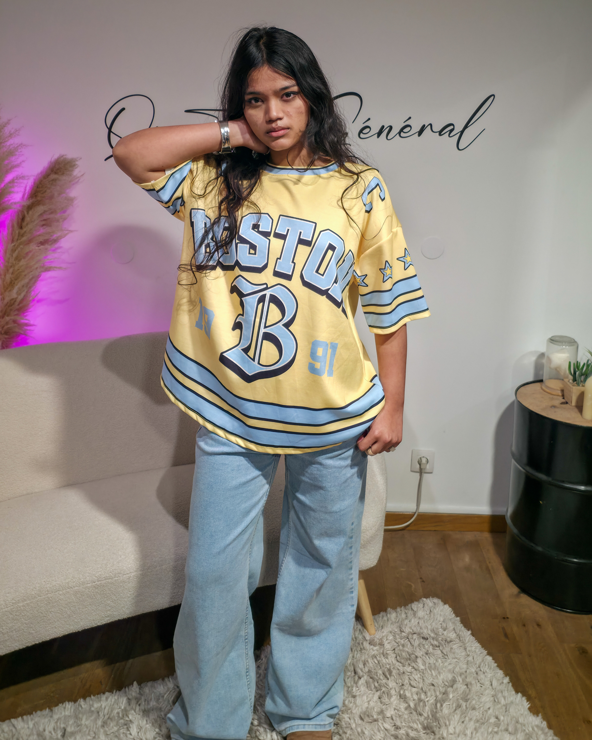 Tee-Shirt Jaune Oversize Femme Style Baseball Fleuri (2)