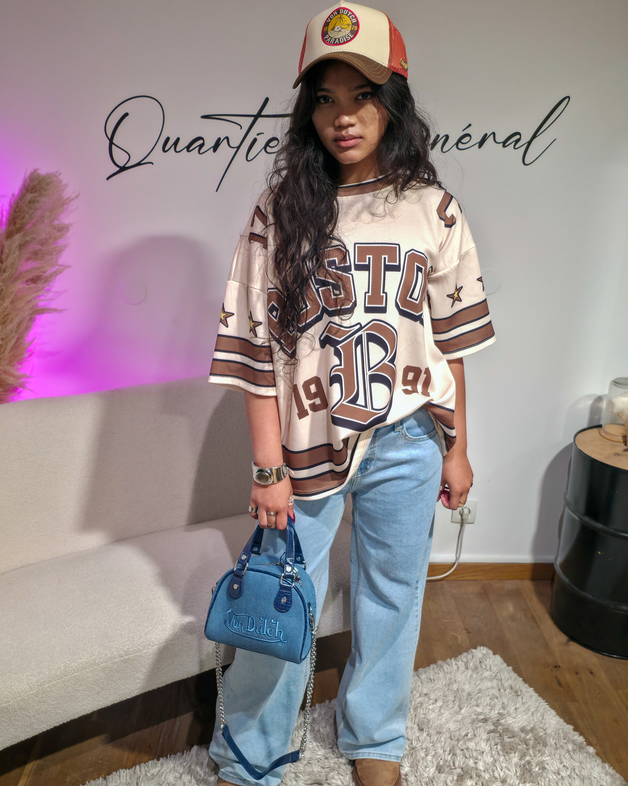 Tee-Shirt Beige Oversize Femme Style Baseball Fleuri (1)