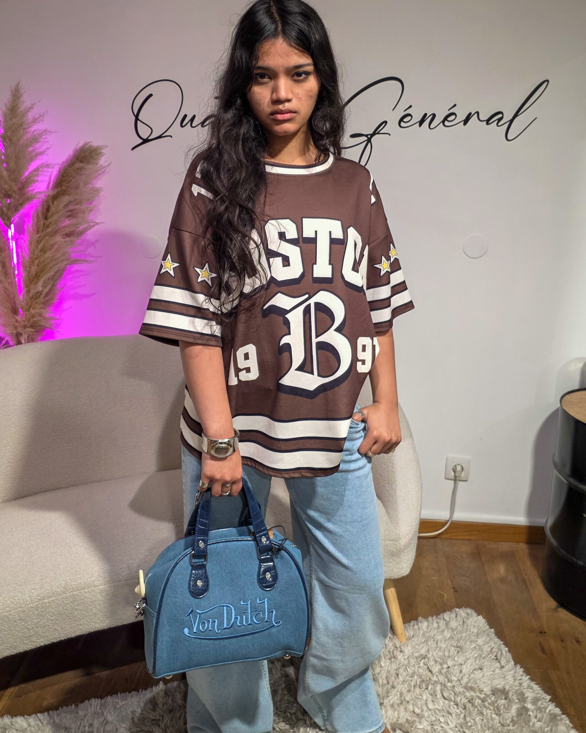 Tee-Shirt Marron Oversize Femme Style Baseball Fleuri (2)