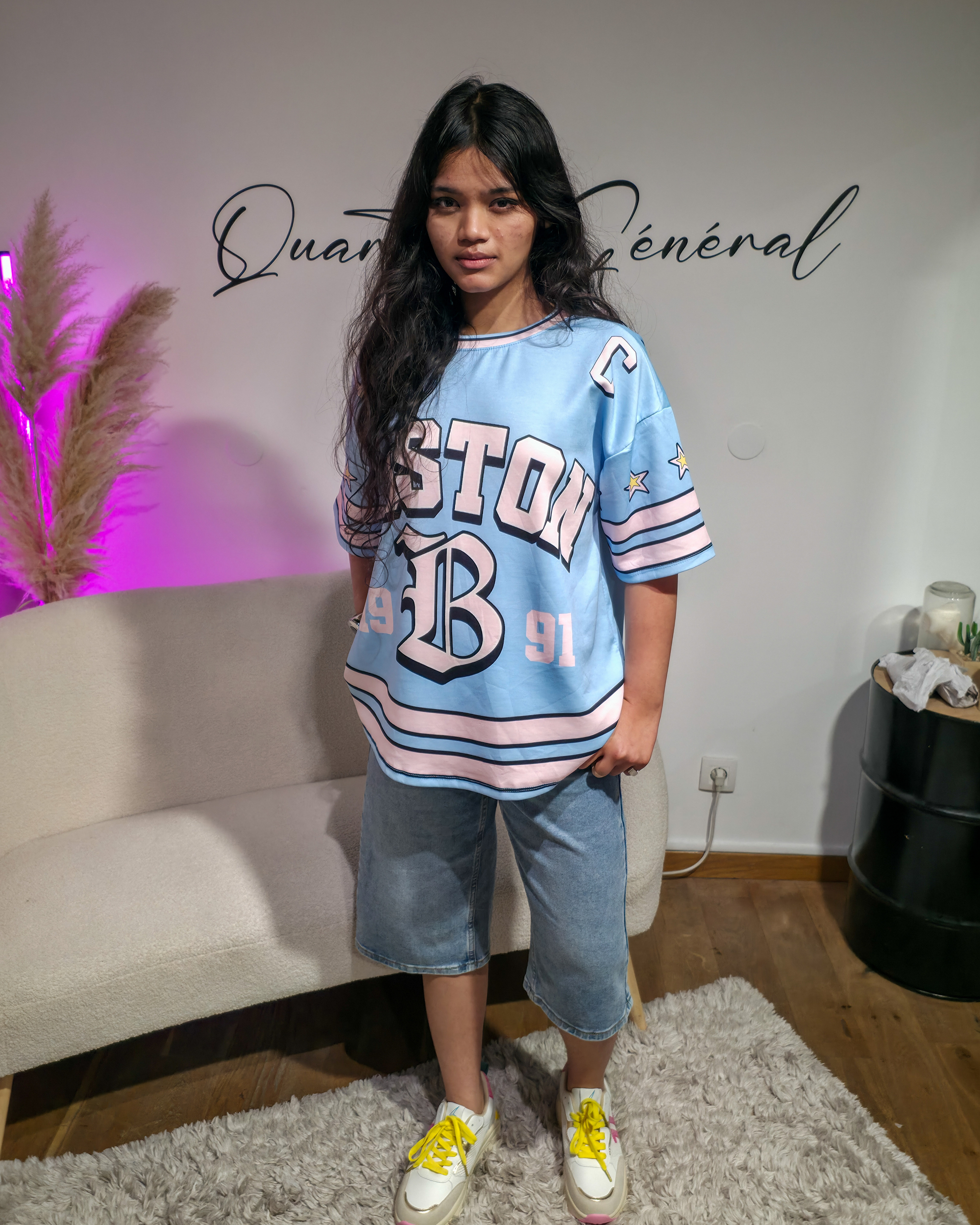 Tee-Shirt Bleu Ciel Oversize Femme Style Baseball Fleuri (1)