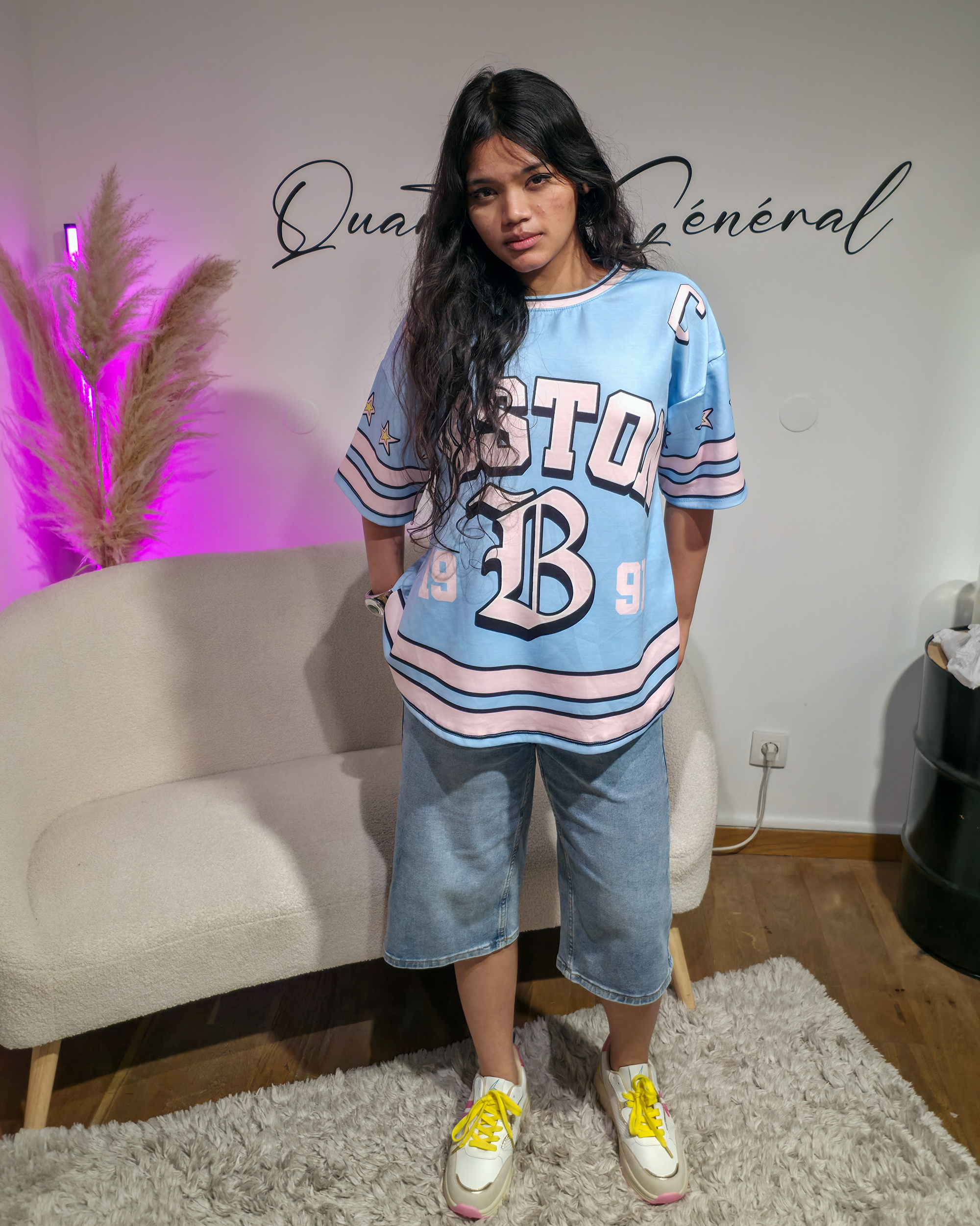 Tee-Shirt Bleu Ciel Oversize Femme Style Baseball Fleuri (2)