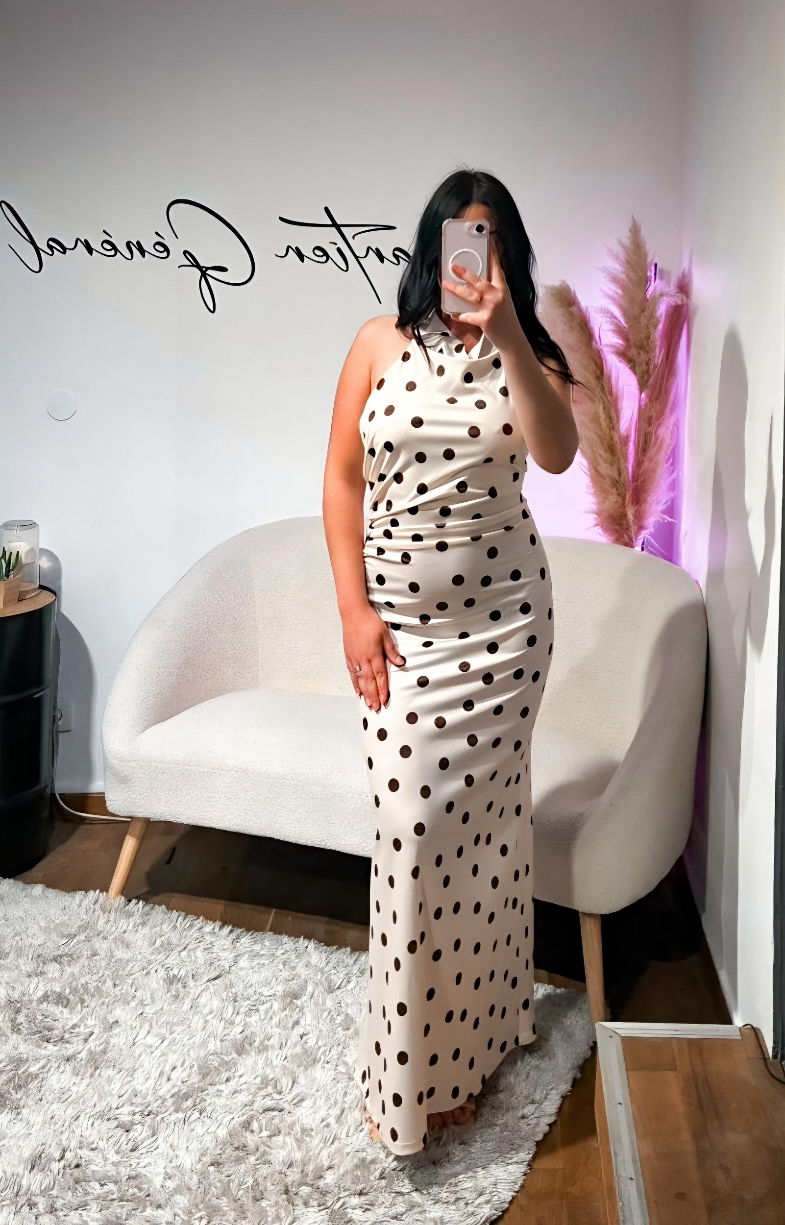Robe Longue Satinée Beige à Pois Femme Dos Nu (3)