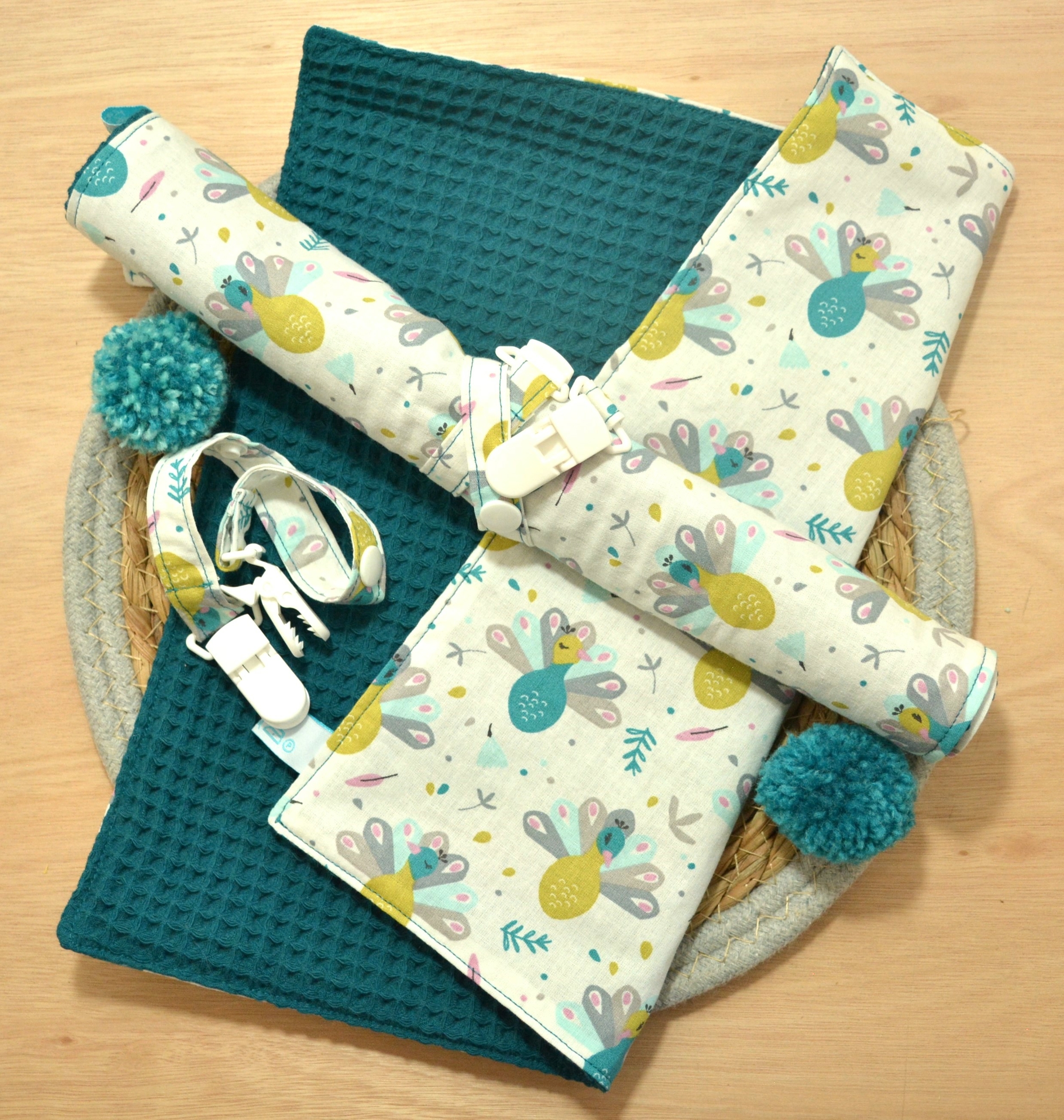 serviette de table enfant paon bleu paon