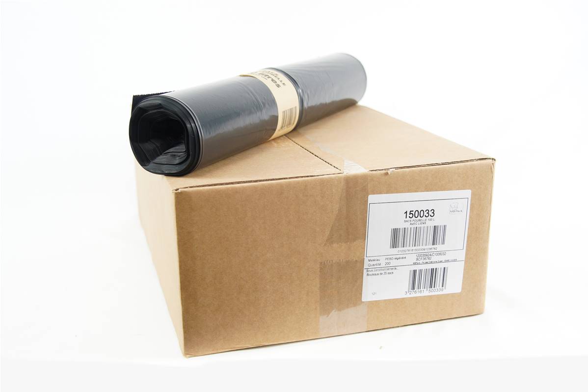 Sac poubelle 100L 45µ avec lien carton de 200 sacs