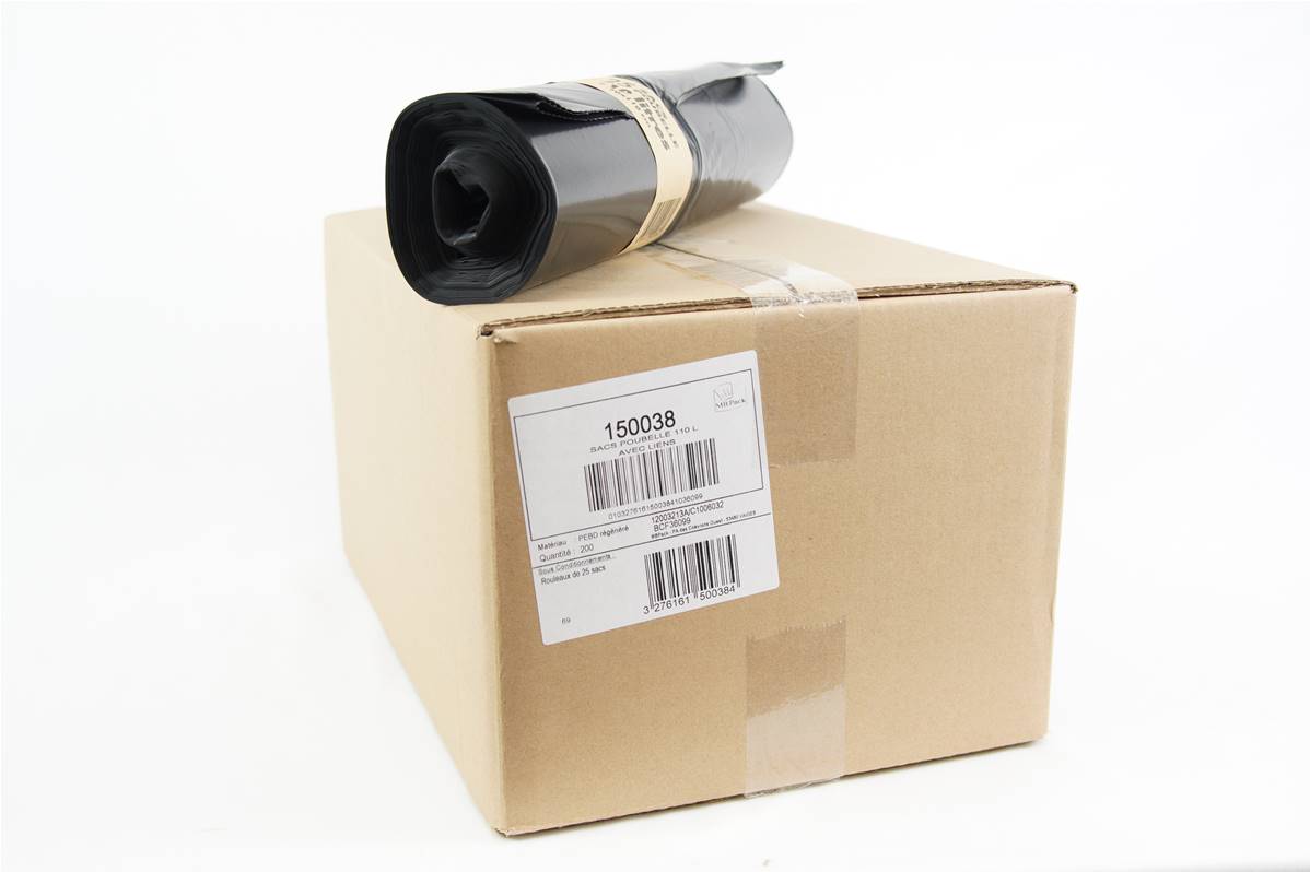 Sac poubelle 110L 45µ avec lien carton de 200 sacs