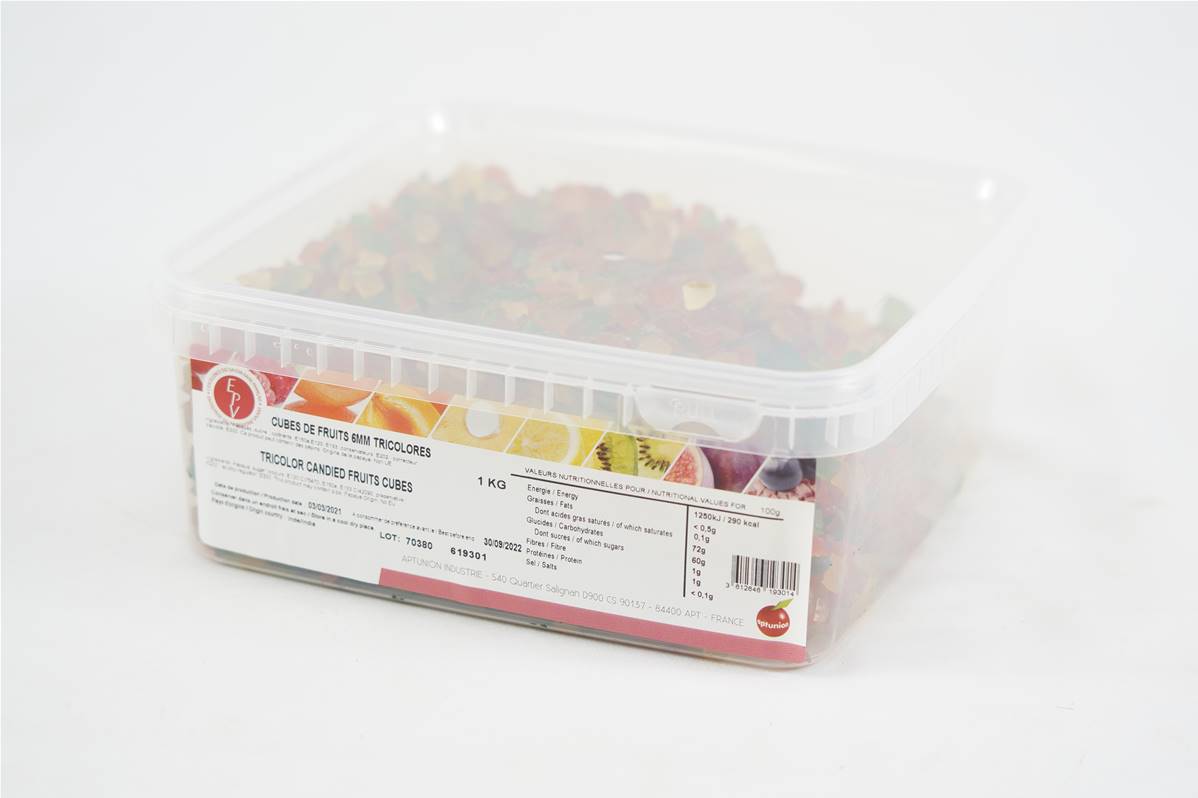 Cube fruit tricolore 6mm boite d\'1kg Aptunion