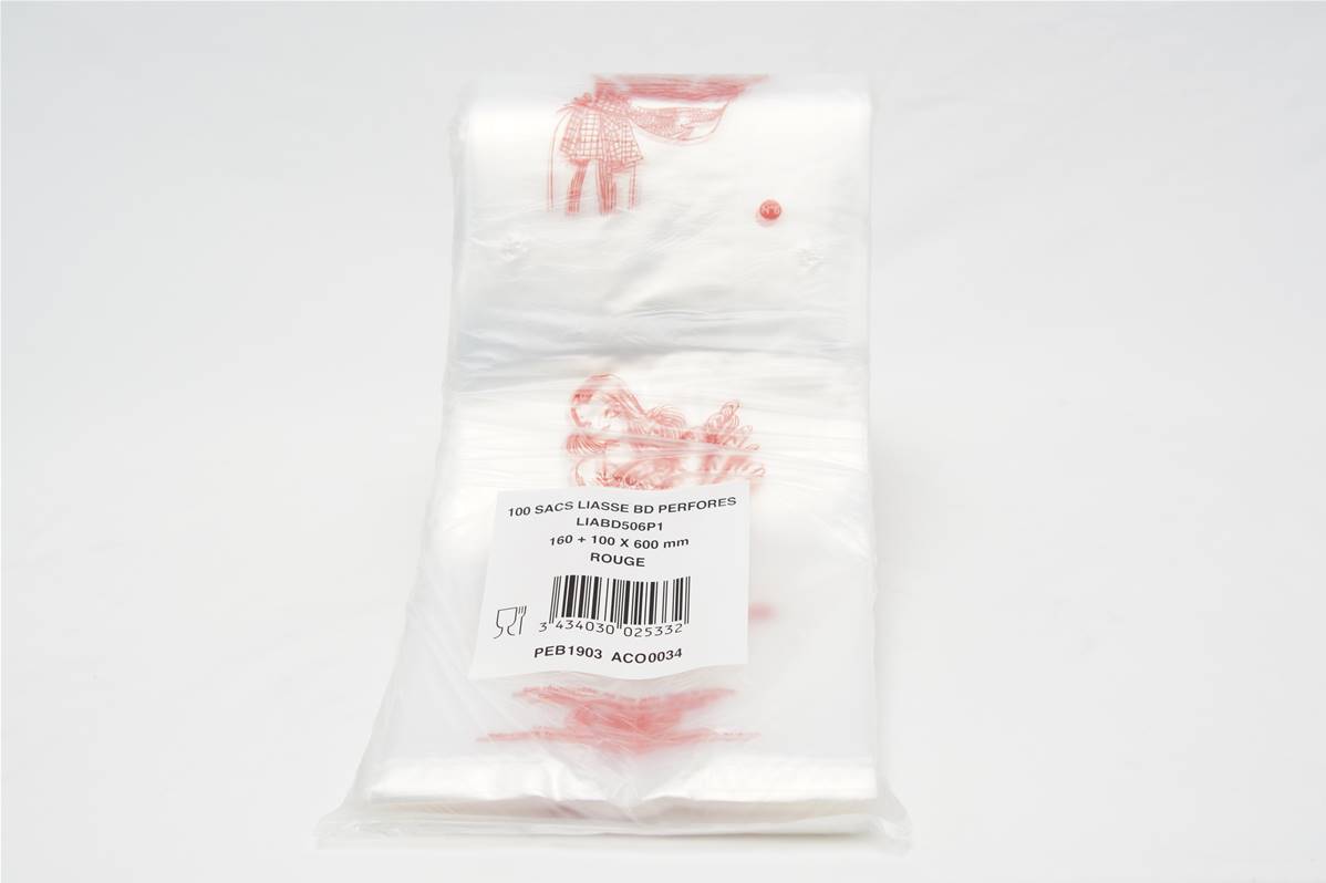 Sac à pain rouge 50mµ 160+50x600mm par paquet de 100