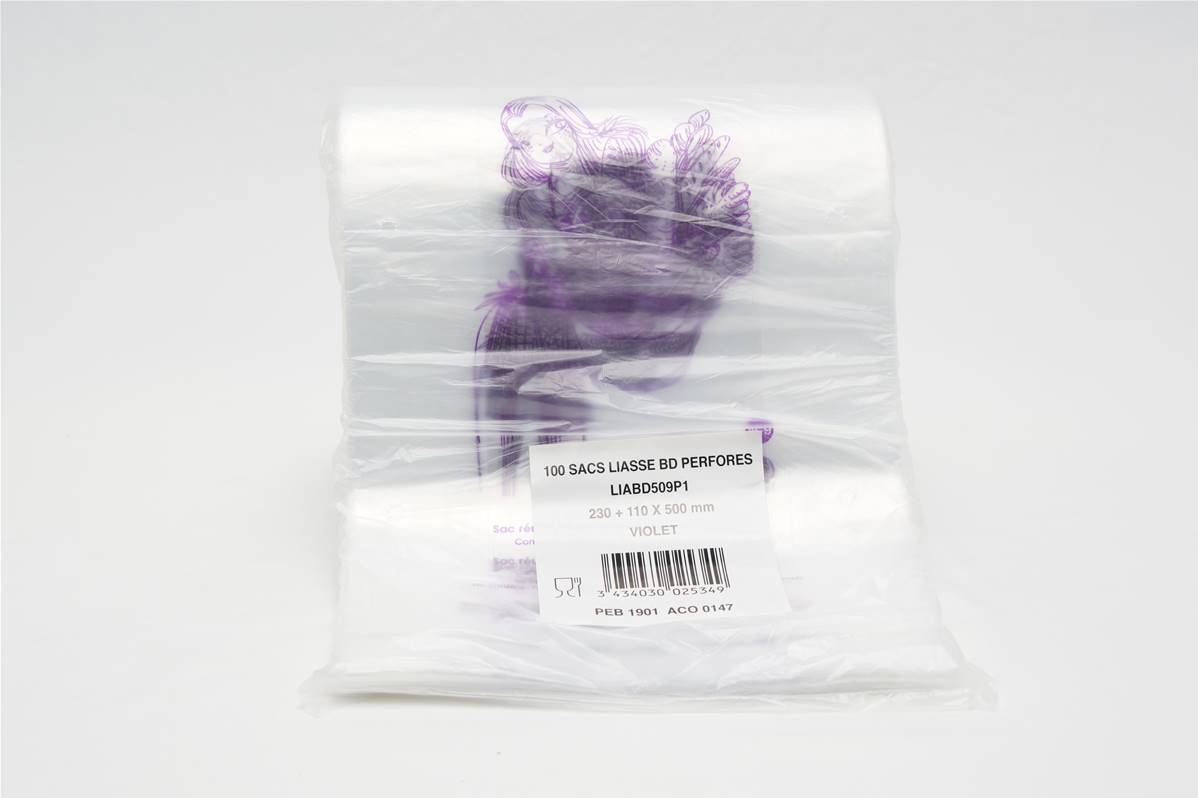 Sac à pain violet 50mµ 230+55x500mm par paquet de 100