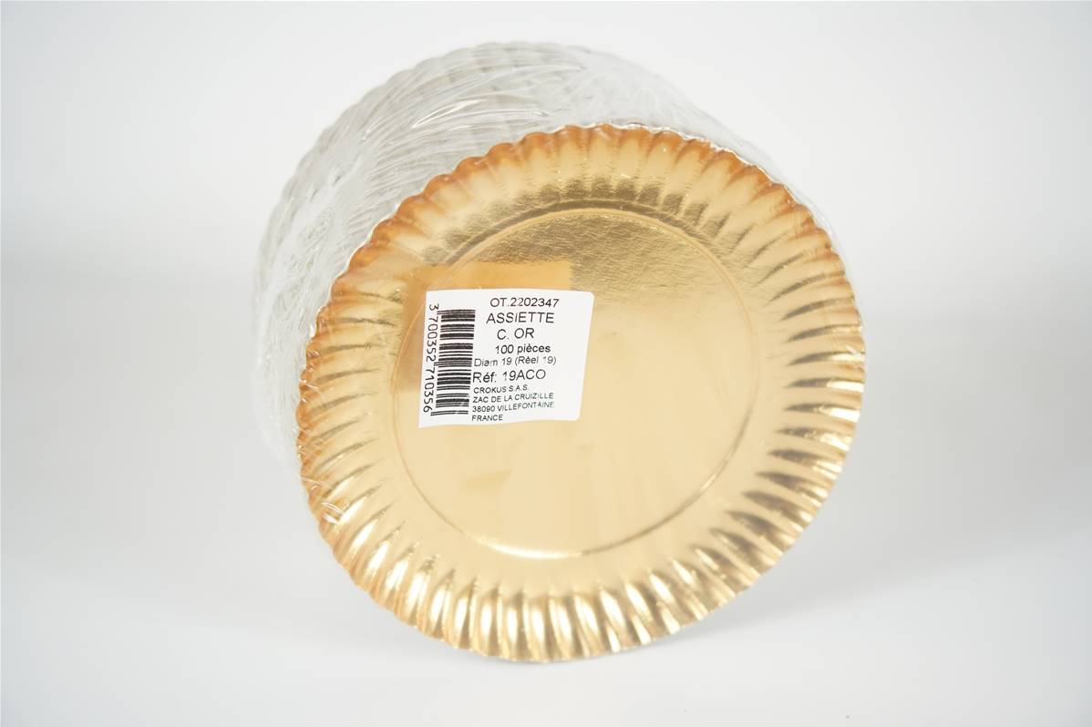 Assiette carton or 19 cm paquet de 100