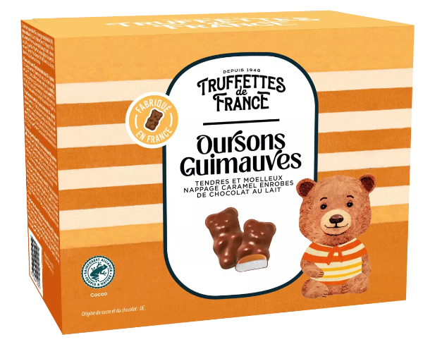 Ballotin d\'Ourson à la guimauve  fourrés caramel et enrobés de chocolat au lait, Boite de 200 gr