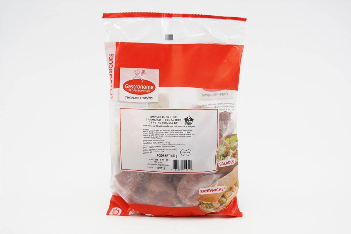 Emincé de filet de canard cuit fumé au hêtre en sachet de 500g
