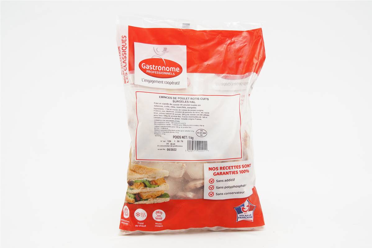 Emincé de filet de poulet roti français en sachet de 1kg