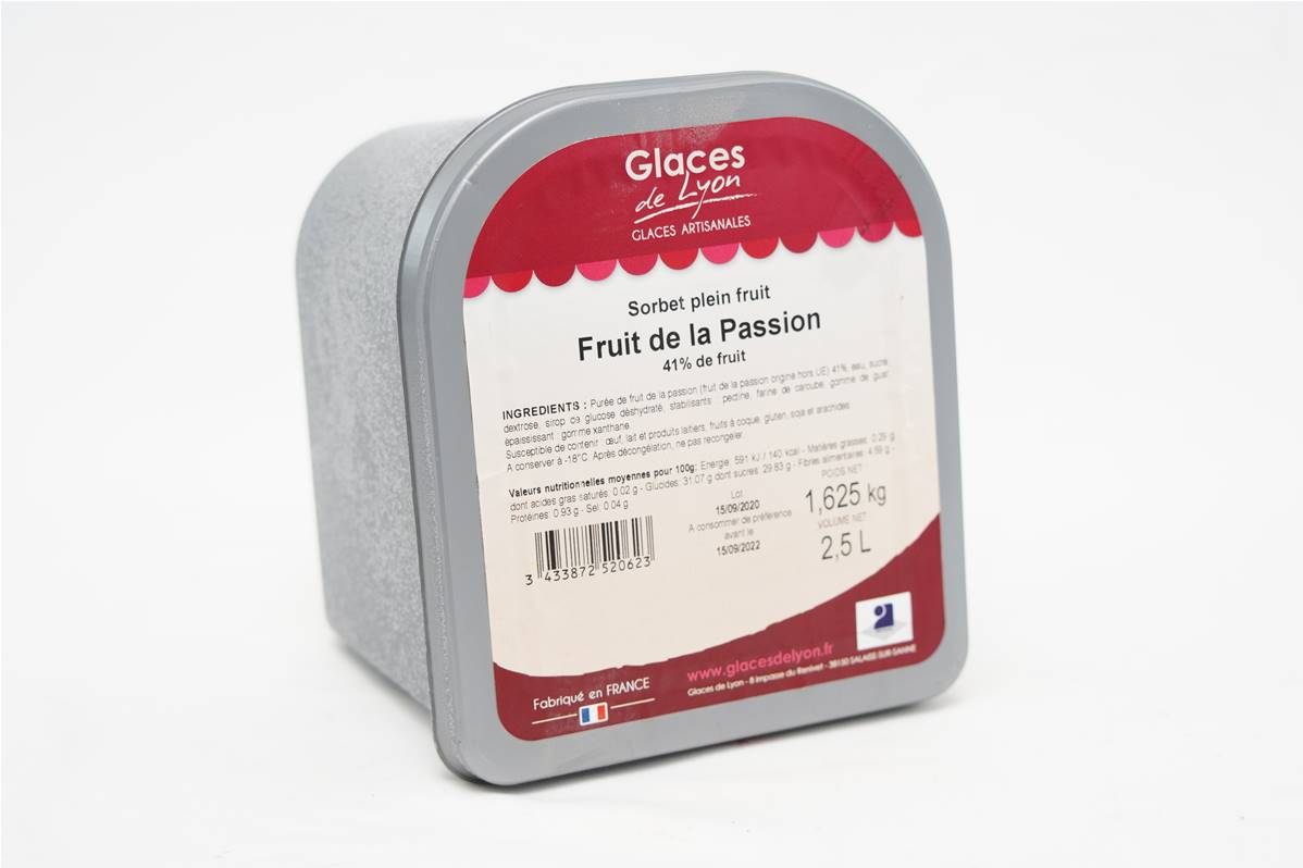 Sorbet plein fruit au fruit de la passion 41% en bac de 2,5l