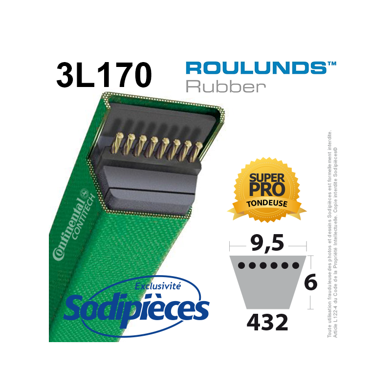 COURROIE TONDEUSE 3L170 ROULUNDS CONTINENTAL 9,5 X 6 X 432 MM