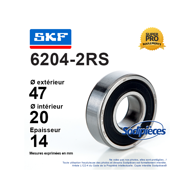 ROULEMENT À BILLES 6204-2RS SKF. DOUBLE ÉTANCHÉITÉ